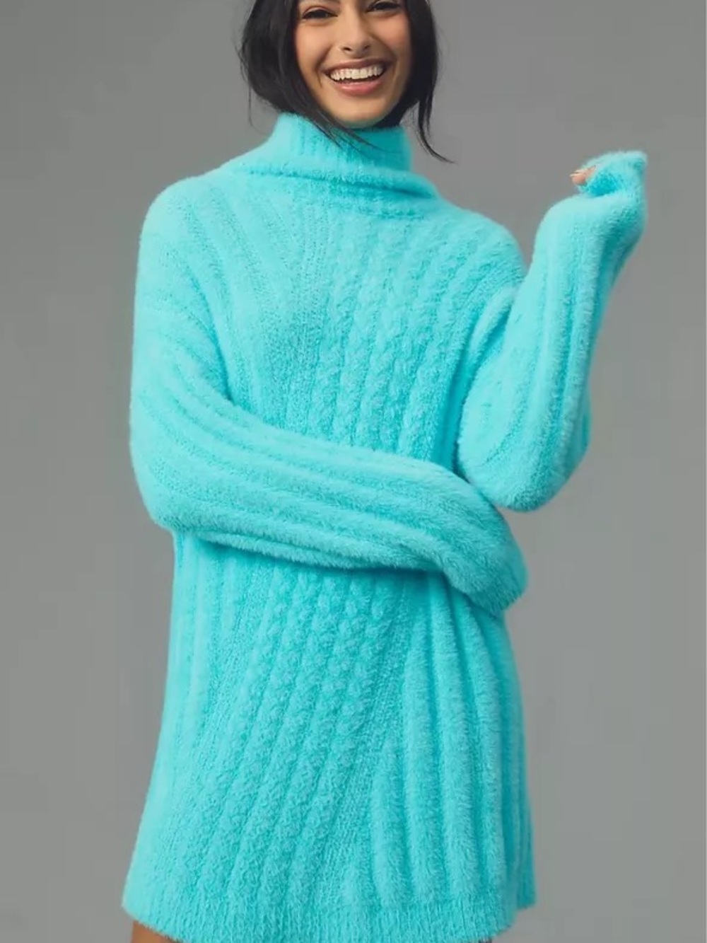 Anthropologie Cozy Aqua Cable-Knit Turtleneck Sweater Dress